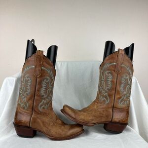 Vintage Nocona Women's Brown Leather Cowboy Boots Turquoise Stitching Size 8.5
